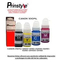 PRINSTYLE - PACK DE TINTAS COMPATIBLES GI190 CANON 100ML (04 COLORES B-C-Y-M)