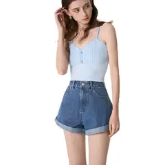 DENISASAA - Pantalones cortos de mezclilla enrollados pantalones cortos casuales