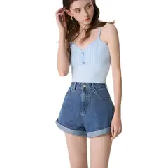 DENISASAA - Pantalones cortos de mezclilla enrollados pantalones cortos casuales