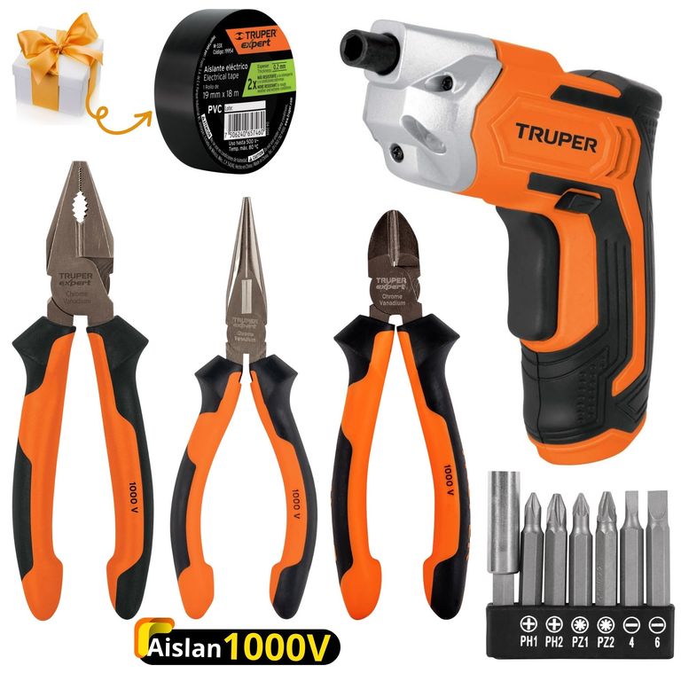 KIT, DESTORNILLADOR INALAMBRICO, 3 ALICATES DIELECTRICOS 1000V,