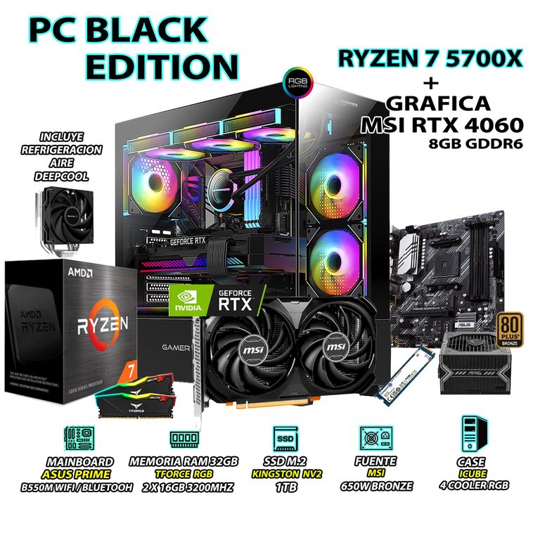 Computadora PC RYZEN 7 5700X RAM 32GB SSD 1TB GRAFICA RTX 4060 8GB