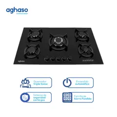 AGHASO - Encimera 5 hornillas vidrio templado 90cm glp