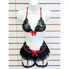 GENERICO - Conjunto ROYAL 4PZ Encaje fino Negro detalles rojos DeAlcoba