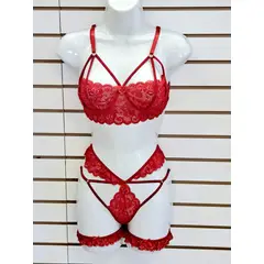 GENERICO - Conjunto SANTORINI 4PZ Encaje fino Color Rojo Talla S a M DeAlcoba