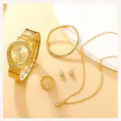 GENEVA - Pack 6 Piezas Reloj Lujo Mujer Anillo Aretes Pulsera Collar Genieka_.