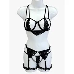 GENERICO - Conjunto 5PZ Lenceria Portaligas de Encaje BERLIN Negro DE ALCOBA