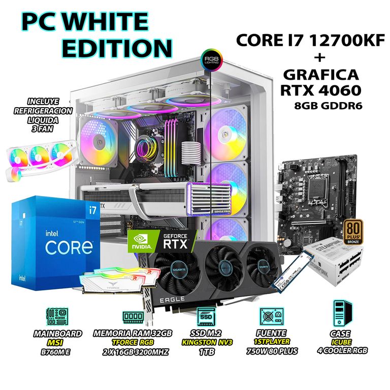 Computadora PC Gamer Core i7 12700KF RAM 32GB SSD 1TB GRAFICA RTX 4060 8GB
