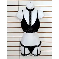 GENERICO - Lenceria 4PZ Portaligas de Encaje CAMILA Negro DEALCOBA