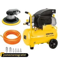 PRETUL - KIT Compresora de Aire 20Lt, LIJADOR ORBITAL NEUMATICO manguera