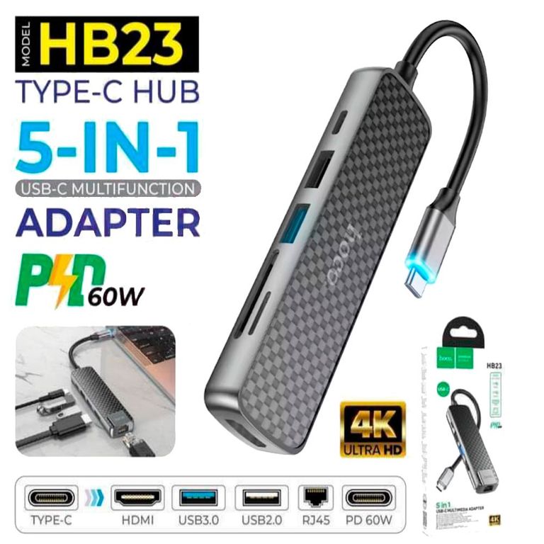 Adaptador Cable Tipo C a HDMI / USB 3.0 / USB 2.0 / RJ45 - PD 60W
