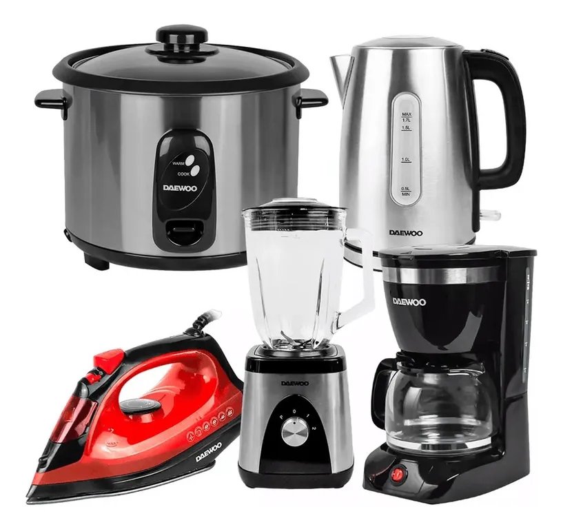 Hervidor 1.7 L + Arrocera 2.8 L + Licuadora + Plancha + Cafetera