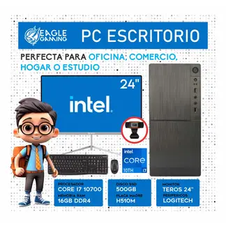 INTEL - Computadora PC Core i7 10700 RAM 16GB SSD 500GB Monitor 24 FHD webcam