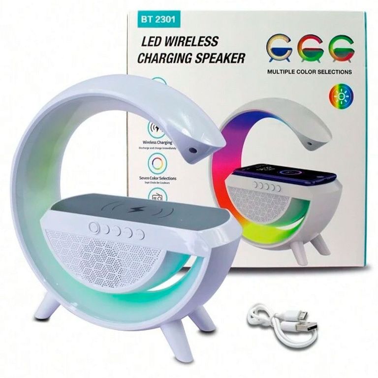 Cargador Inalambrico Con Fomra de G con Luces RGB y Parlante Radio