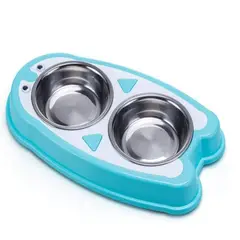 GENERICO - Comedero Bebedero Doble Para Mascotas Modelo Pinguino Celeste