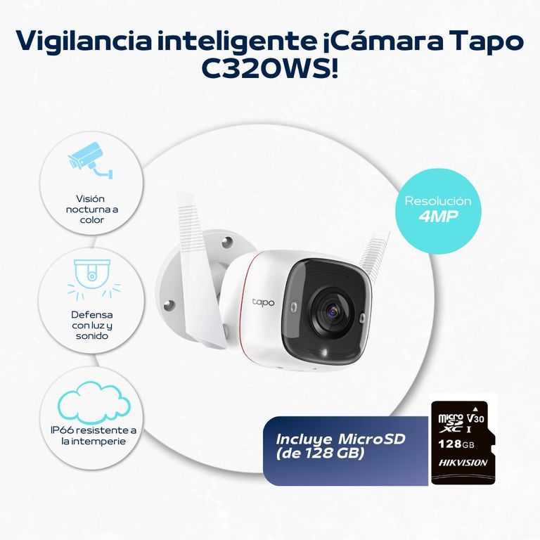 Cámara de seguridad wi-fi para exteriores 2K Tapo-C320WS - Tp-Link + SD 128 GB