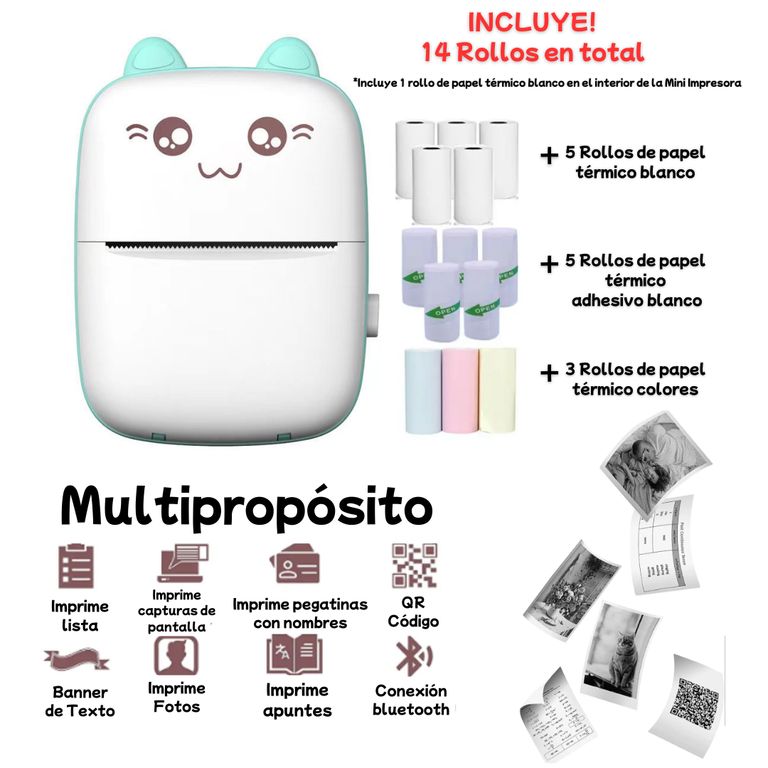 Mini Impresora Térmica Portátil Recargable Bluetooth Kawai Verde