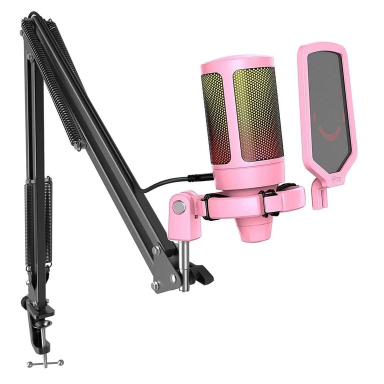 - Micrófono Ampligame A6T RGB incluye Brazo - Pink