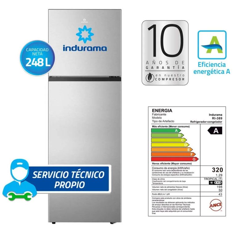 Refrigeradora RI-389 Top Freezer 248L - Gris