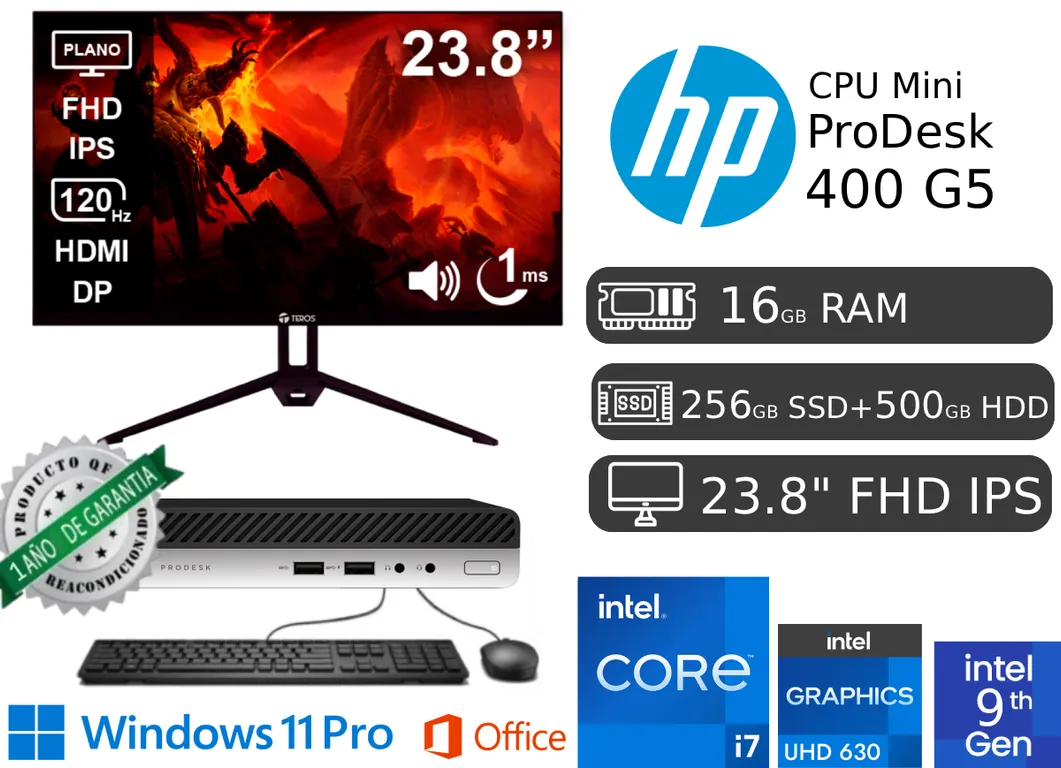 ProDesk Mini 400 G5 I7 9na 16GB RAM 256GB SSD + 500GB HDD + Monitor Led 24"