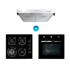 AGHASO - Combo: Horno empotrable a gas GN + Encimera 4 hornillas GN + Campana extractora 60 cm