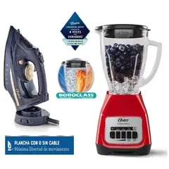 OSTER - Combo Licuadora 2 Velocidades Rojo y Plancha de vapor 2 en 1