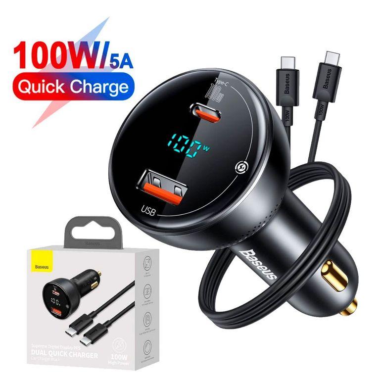 Cargador Auto 100W Carga Rapida Puerto Dual USB Tipo C