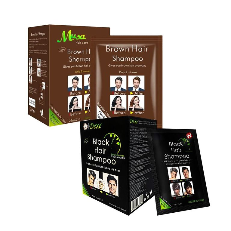 Shampoo Cubre Canas Negro y Shampoo Musa cubre Canas Marrón