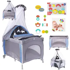 EBABY - Cuna Corral Noa EB780RSD Azul y Sonajas 6 piezas