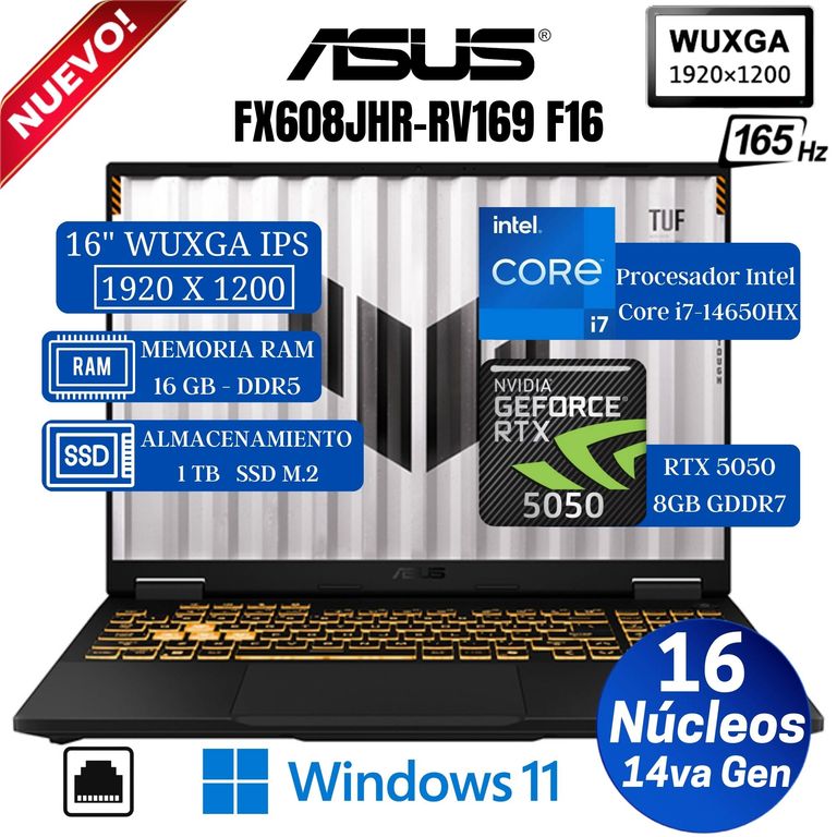 Laptop Tuf F16 FX608JHR-RV169 16” WUXGA, Core i7-14650HX, Ram 16GB, SSD 1 TB, RTX 5050 8GB