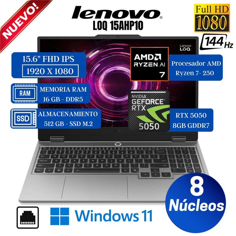 Laptop LOQ 15AHP10 15.6” FHD IPS, Ryzen 7-250, Ram 16GB, 512GB SSD, RTX 5050 8GB, Win 11