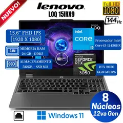 LENOVO - Laptop LOQ 15IAX9 15.6” FHD IPS, Core i5-12450HX, Ram 24GB, 512GB SSD, RTX 3050 6GB, Win 11
