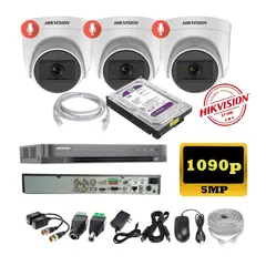 HIKVISION - Kit 3 Cámaras Seguridad Domo 5mpx DVR HUHI + 1TB + AUDIO + Cable
