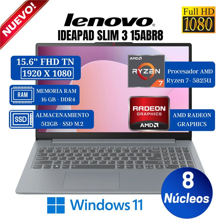 Laptop IdeaPad Slim 3 15ABR8 15.6” FHD TN, AMD Ryzen 7-5825U, Ram 16GB, SSD 512GB, Win 11 Pro