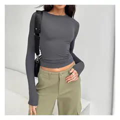 42AROZINA - Camisa de manga larga para mujer, estilo casual, Y2K, cuello redondo