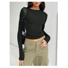 42AROZINA - Camisa de manga larga para mujer, estilo casual, Y2K, cuello redondo