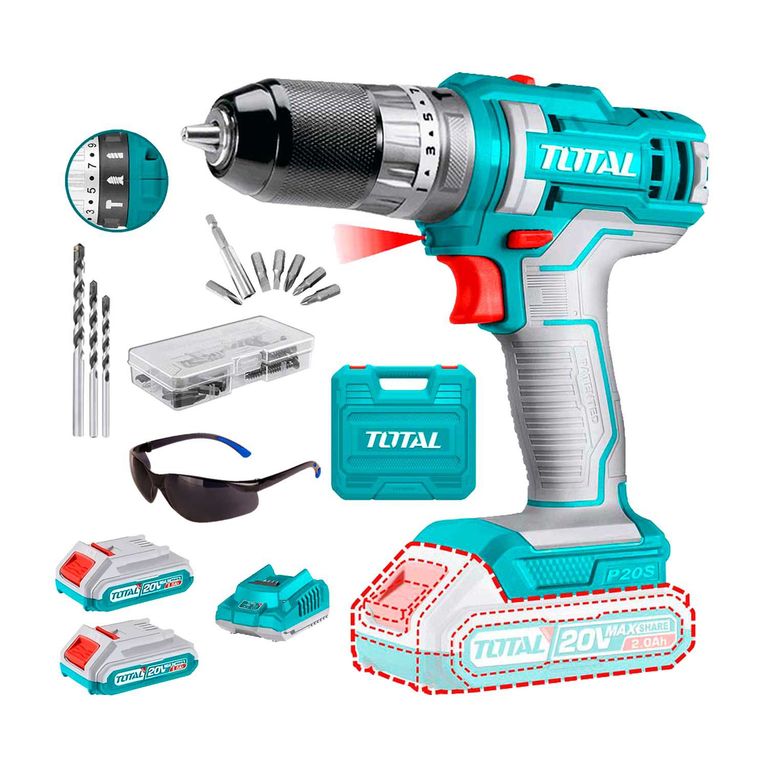 TALADRO ATORNILLADOR PERCUTOR INALÁMBRICO TOTAL 20V PUNTAS