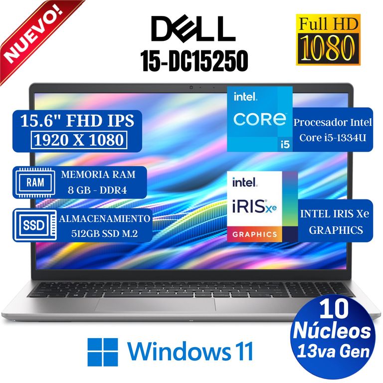 Laptop DC15250 15.6" FHD IPS, Intel Core i5-1334U- 13va Gen, Ram 8GB, 512GB SSD, Win 11 Pro