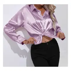 42AROZINA - Blusas mujer camisa casual con solapa de satén de seda para mujer