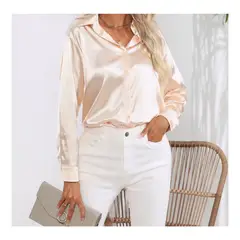 42AROZINA - Blusas mujer camisa casual con solapa de satén de seda para mujer