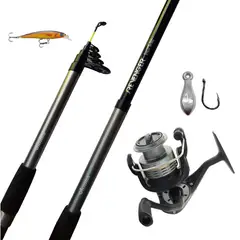 OKUMA - Combo de pesca caña telescopica 2.70 carrete 4000 y señuelo