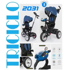 BABY HAPPY - Triciclo Reclinable Giratorio Musical Luces Bluethooth Azul