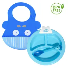 GENERICO - Pack Babero Ballena y Set Plato Termico Celeste para bebe