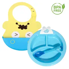 GENERICO - Pack Babero Hipo y Set Plato Termico Celeste para bebe