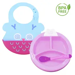 GENERICO - Pack Babero Buho y Set Plato Termico Fucsia para bebe
