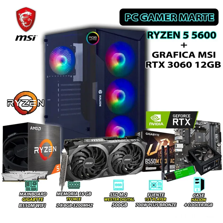 Computadora Gamer RYZEN 5 5600 RAM 16GB SSD 500GB CON GRAFICA RTX 3060 12GB