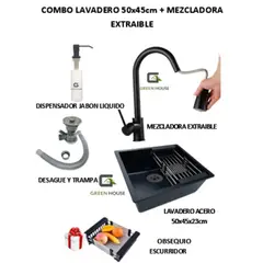 GENERICO - COMBO 50x44CM LAVADERO DE COCINA ACERO MEZCLADORA EXTRAIBLE NEGRA