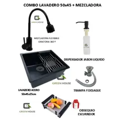 GREEN HOUSE - COMBO 50x44x23CM LAVADERO DE COCINA MEZCLADORA FLEXIBLE NEGRA