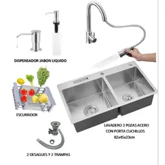 IMPORTADO MC - COMBO LAVADERO DE COCINA CON 2 POZAS ACERO + MEZCLADORA EXTRAIBLE