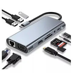 OEM - Adaptador Hub 10 en 1 Tipo C 4k HDMI VGA Gigabit Multipuertos PD 100W