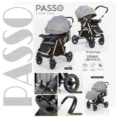 BABY HAPPY - Coche cuna de PASS0 con Mango Reversible y Mesa Gris